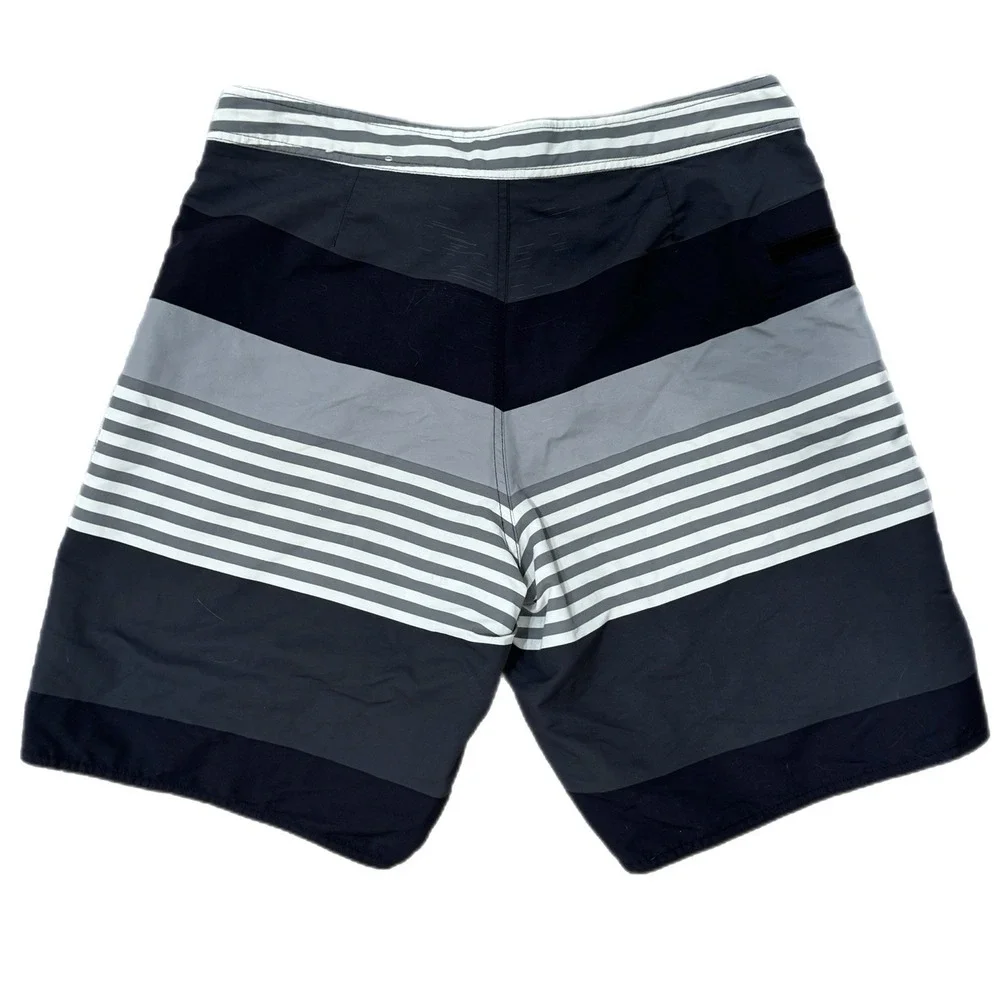 Patagonia Mens Board Shorts Size 34 Grey Black Striped Swim Trunks Beachwear